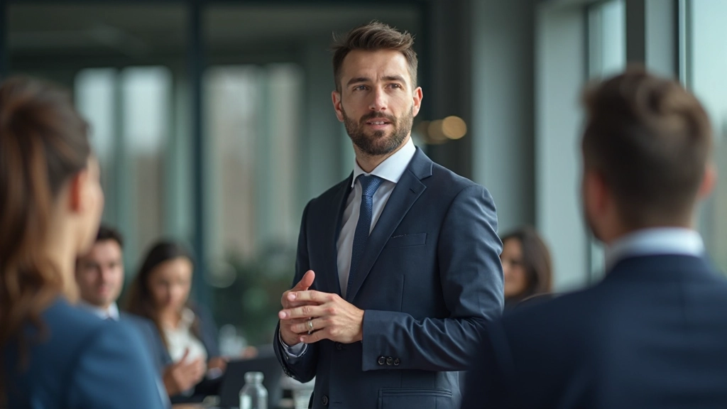 Деловой человек представляет финансовый отчет и стратегию развития бизнеса перед командой в конференц-зале