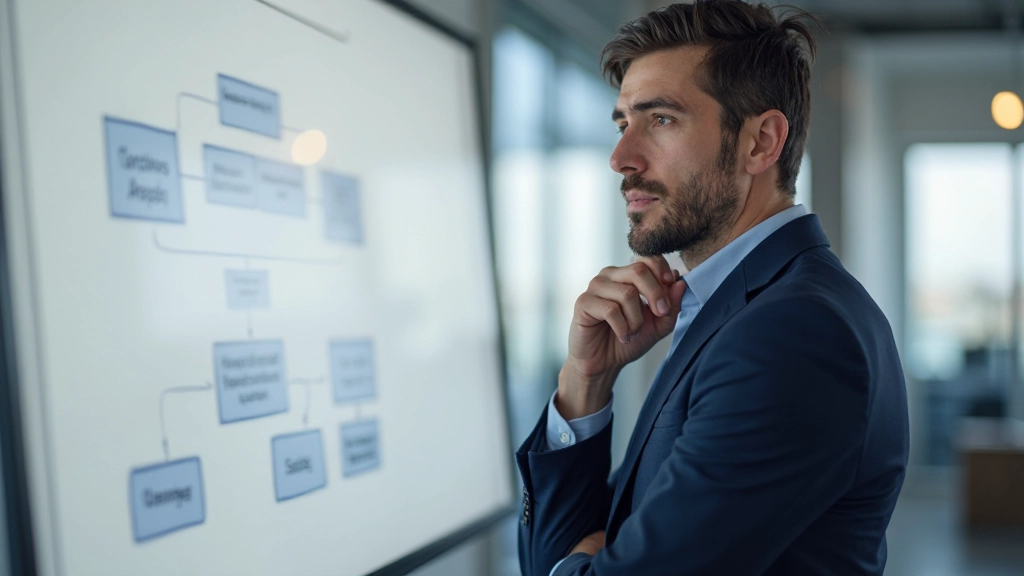 Бизнесмен планирует маркетинговую стратегию на доске со схемами и графиками