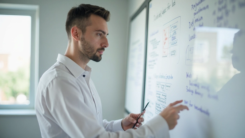 Предприниматель анализирует данные и информацию на доске с графиками