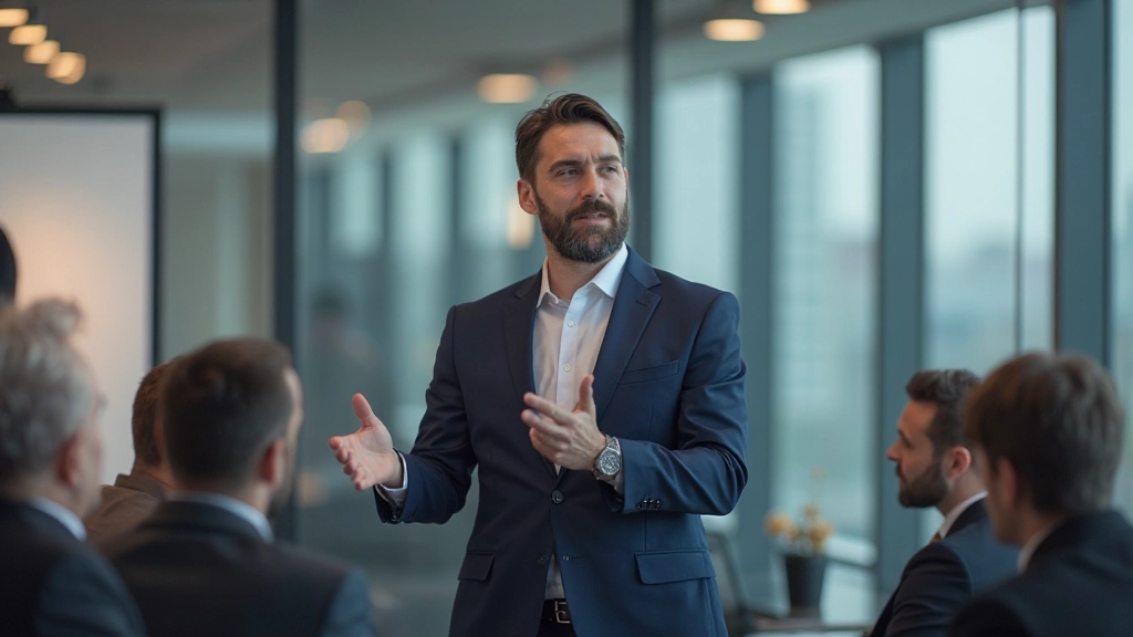 Преуспевающий предприниматель проводит презентацию перед командой молодых инвесторов