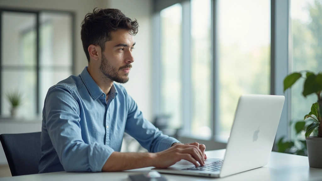 Молодой предприниматель работает на ноутбуке, планируя стартап и создавая бизнес-модель