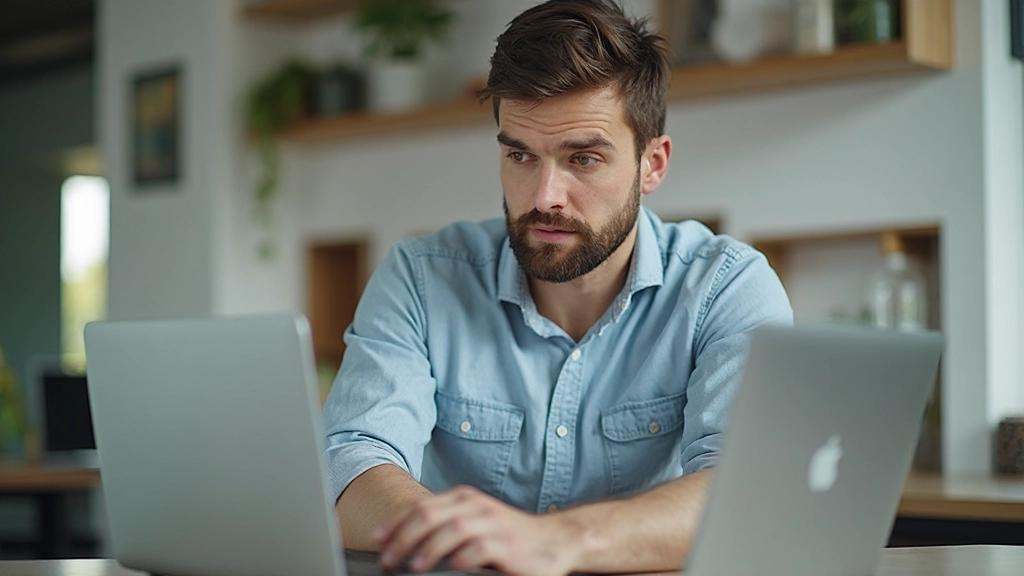 Молодой маркетолог анализирует данные на ноутбуке, портретный снимок, фокус на лице